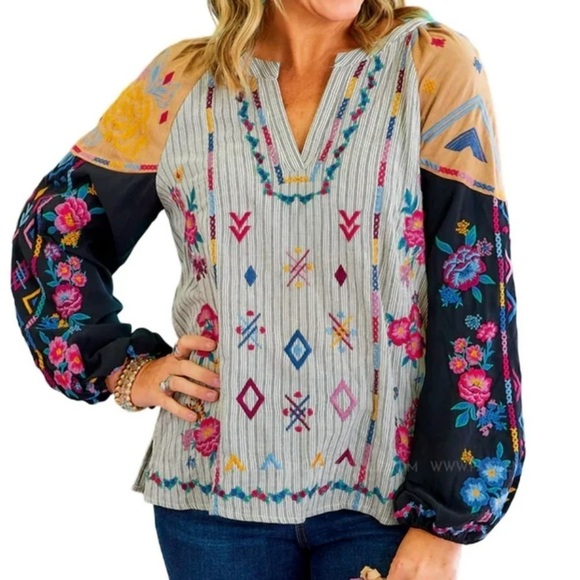 SAVANNA JANE KERRI EMBROIDERED PATCHWORK LS BOHO TOP SIZE 2X NWT - Picture 1 of 9